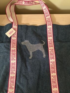 New PINK by Victoria’s Secret Denim Pink Logo Tote Bag w/ Puppy Rhinestones